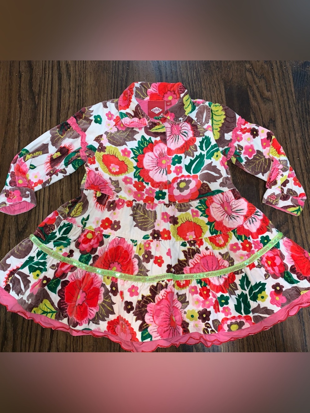 Designer Oilily Girls Tiered Velvet Cotton Floral Dress size 3 or 98